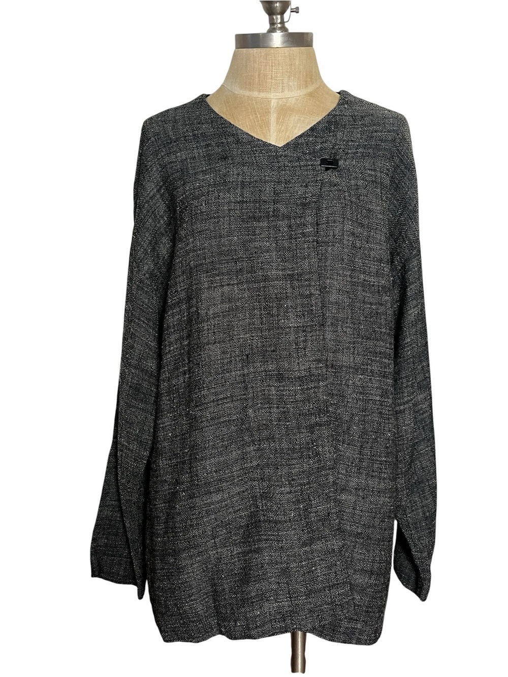 Eileen Fisher Black White Textured Linen Blend Asymmetrical Tunic Top Size Small